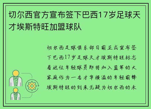 切尔西官方宣布签下巴西17岁足球天才埃斯特旺加盟球队